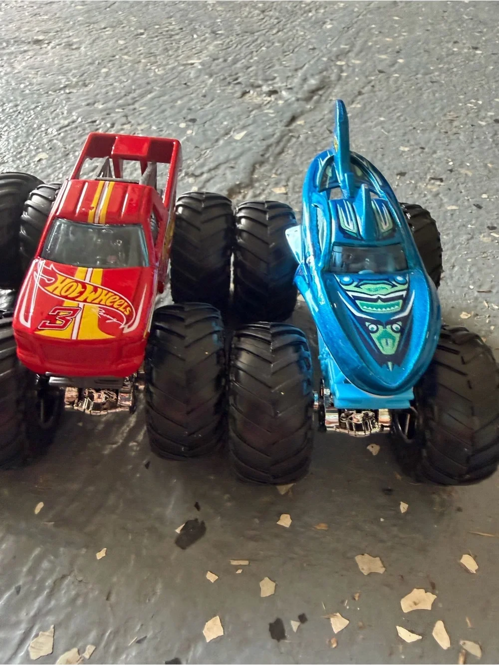 Hot Wheels Monster Trucks collection green Race Ace, Demo Derby and shark wreck